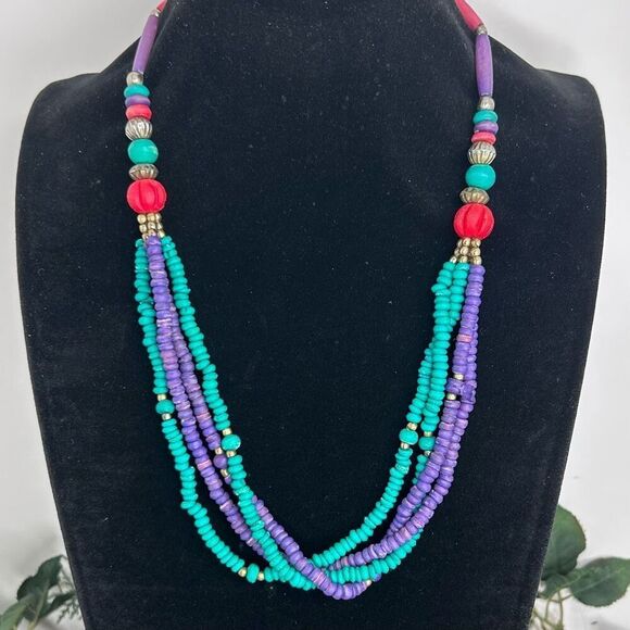 Vtg Multi-strand Beaded Necklace 23" Green & Purple W/ Gold & Silver-tone Accent - Picture 3 of 6